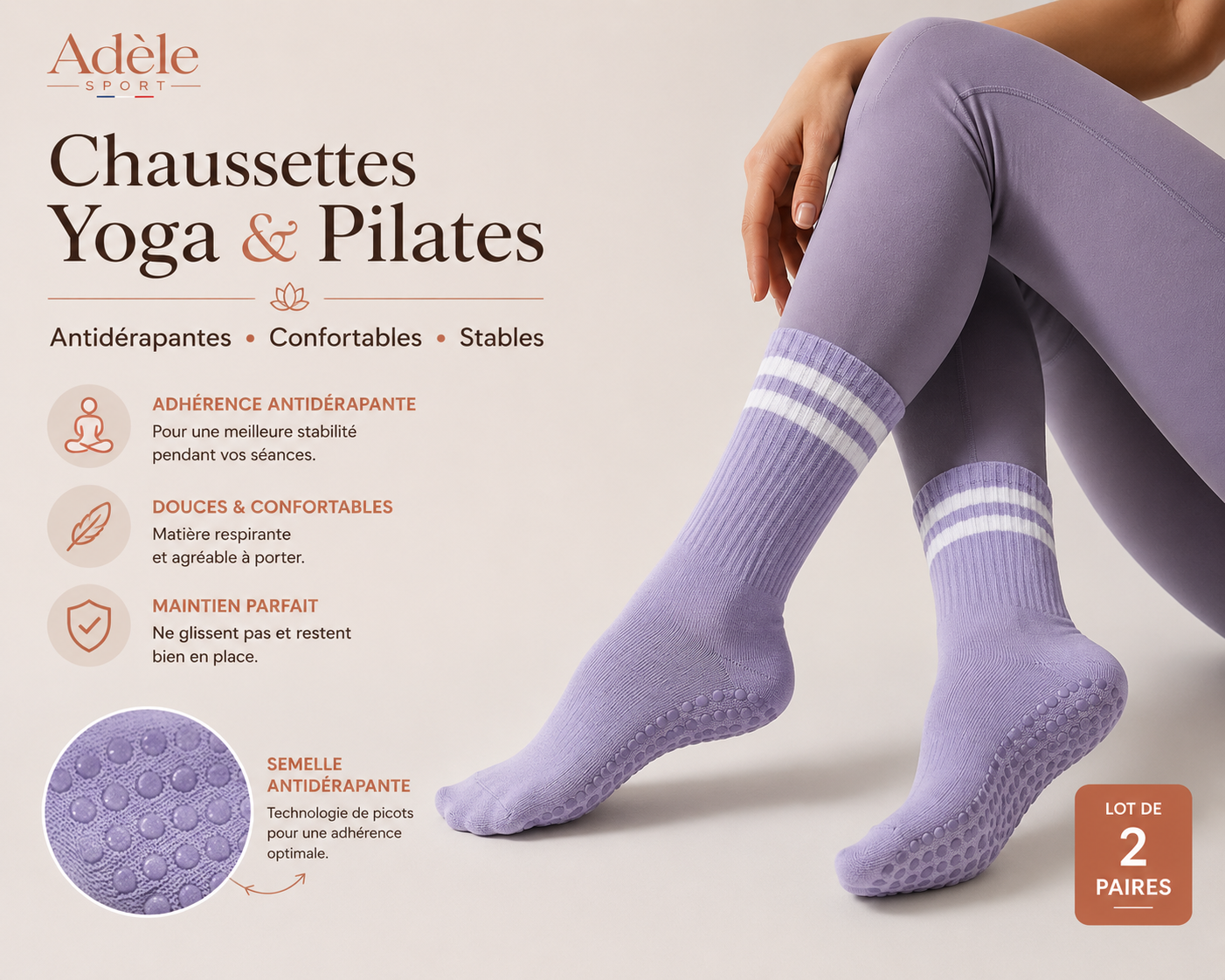Duo de Chaussettes Yoga & Pilates Adele Sport - infographic